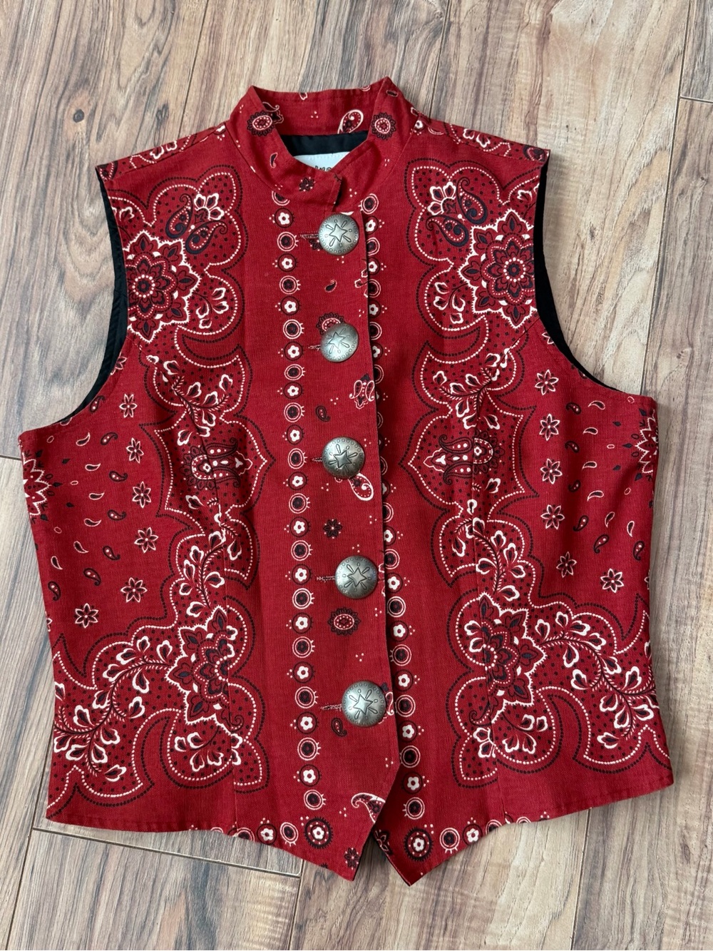 Retro Vintage Cactus Flower Bandana Print Vest Large Silver Aztec Buttons Size:M - Picture 2 of 8